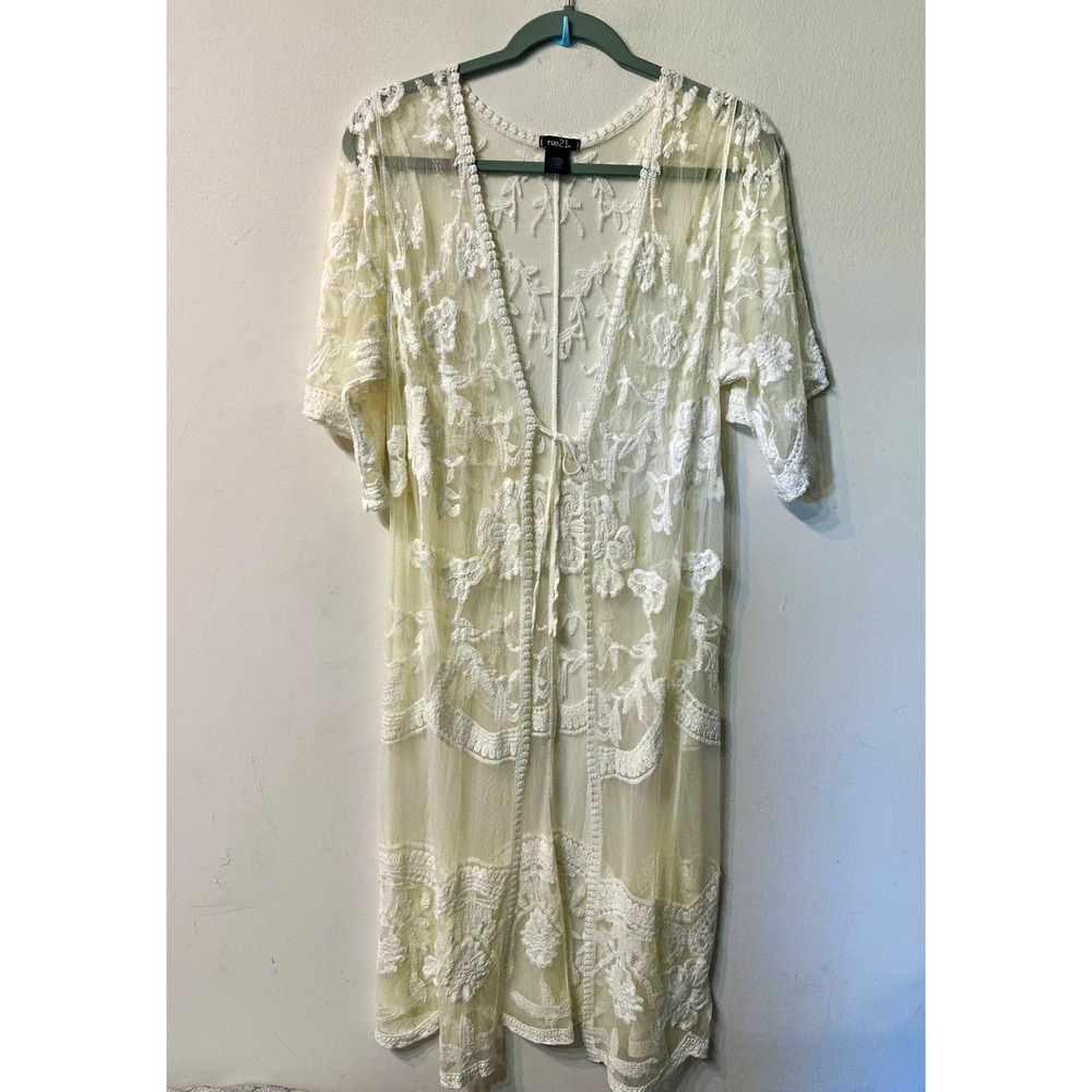 rue21 Womens Large White Lace Kimono Duster Cardigan Sheer Floral Tie Front Boho